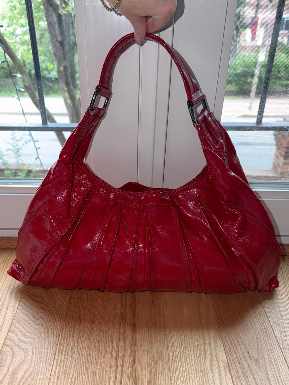 Kenneth Cole New York Red Patent Leather Pleated Hobo Shoulder Bag